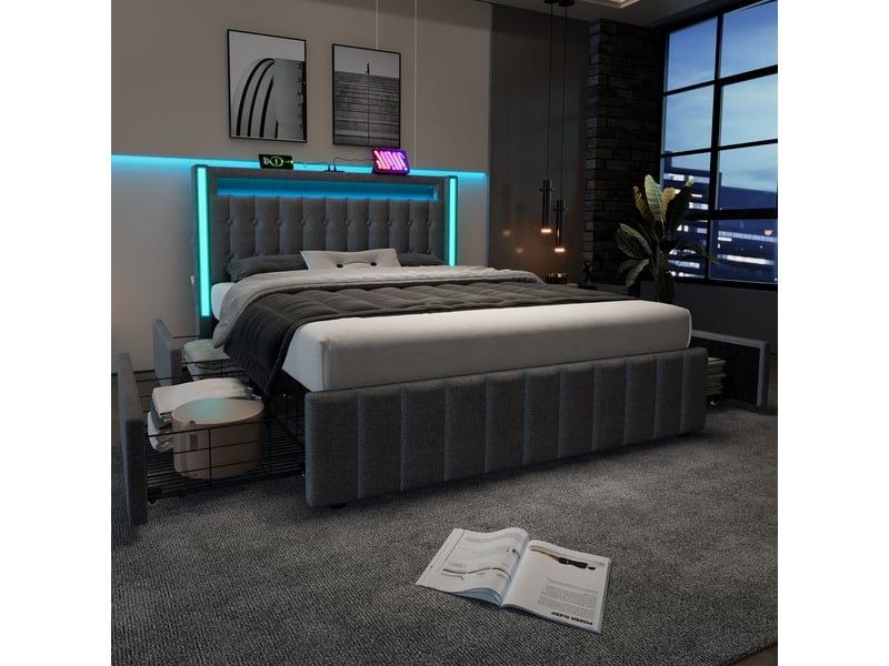  Lit double 160x200 avec 4 tiroirs, led et charge usbtype-c gris cravdom  - Conforama D