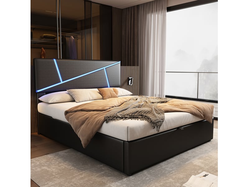  Lit double avec rangement hydraulique et led 140x200 cm, tête de lit en pu noir  - Conforama D