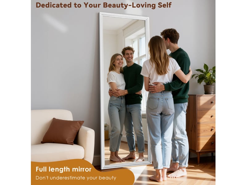  Miroir en pied 160 x 50 cm – blanc – cadre en bois et support métallique inclinable pour maison et commerce  - Conforama E