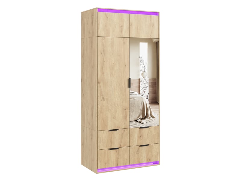 Armoire de chambre 90 x 47 x 200 cm avec led et miroir, 2 portes battantes, 4 tiroirs et penderie, chêne - Conforama A