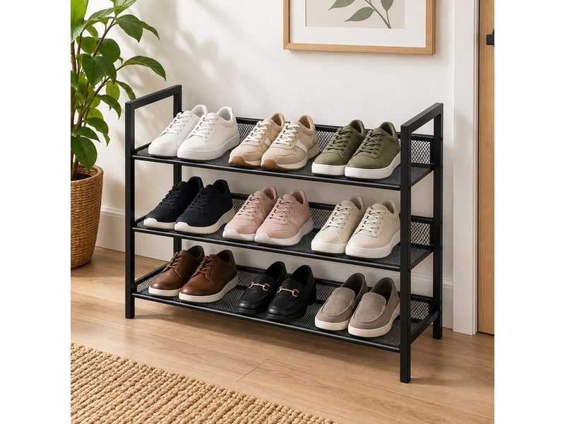  Etagère meuble à chaussures à 3 niveaux en métal grillagé noir,capacité 9 paires - longueur 64 x profondeur 23 x hauteur 59 cm  - Conforama B