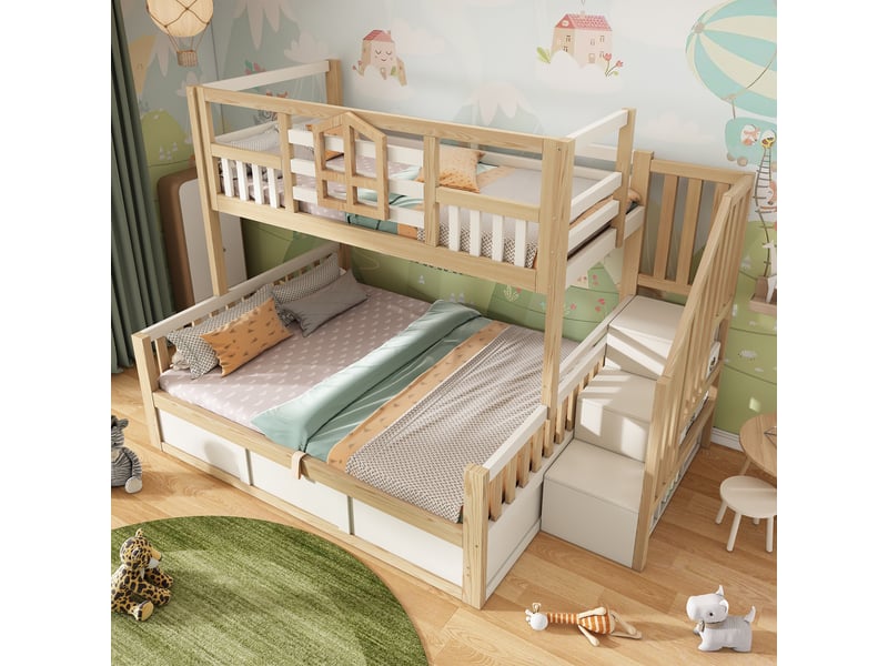  Lit superposé enfant 3 places 90140x200 cm avec fenêtre et barrière, lit coffre cabane avec espace de rangement, bois naturel blanc, norme en 747  - Conforama D