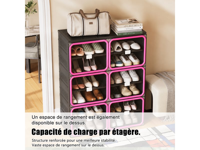  Meuble à chaussures pliable,85×34×104 cm,6 niveaux, 24 paires,porte transparente en pet,matériau pp,style moderne,noir  - Conforama E