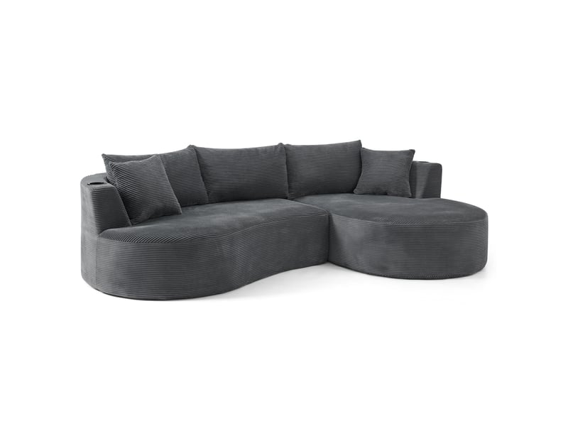  Méridienne canapé 3 places gris design courbé tissu côtelé avec porte-gobelets et coussins pour salon moderne  - Conforama A