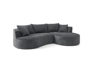 Méridienne canapé 3 places gris design courbé tissu côtelé avec porte-gobelets et coussins pour salon moderne