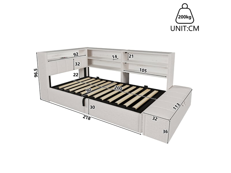  Lit banquette coffre rembourré 90x200 cm, rangement hydraulique, banc coffre mobile, meuble latéral réversible, led rgb, usb-ac, velours blanc Radiant Stride - Conforama C