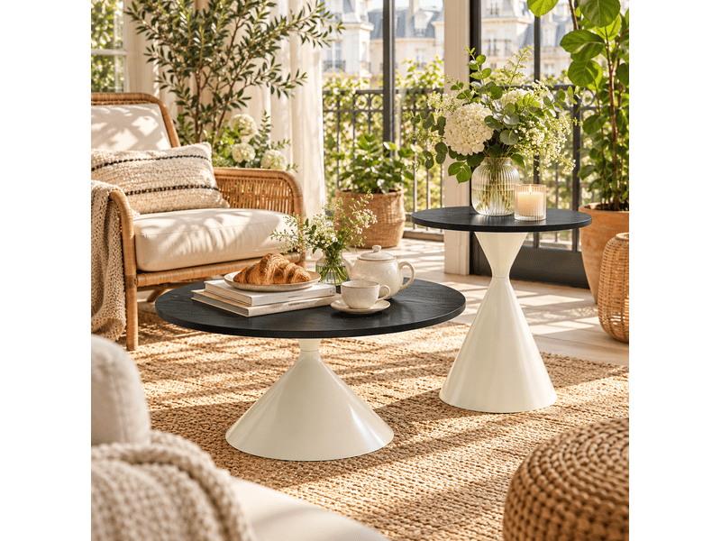  Set de 2 tables basses et d’appoint rondes ø70x40 et ø50x55 cm, métal blanc et noir  - Conforama B