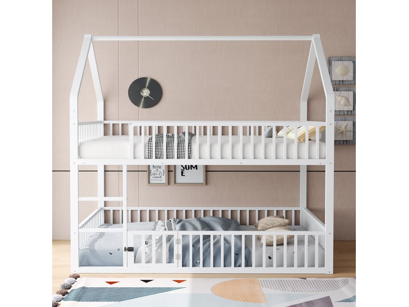 Lit superposé enfant 140x200 cm en métal blanc avec échelle et barrières - Conforama D