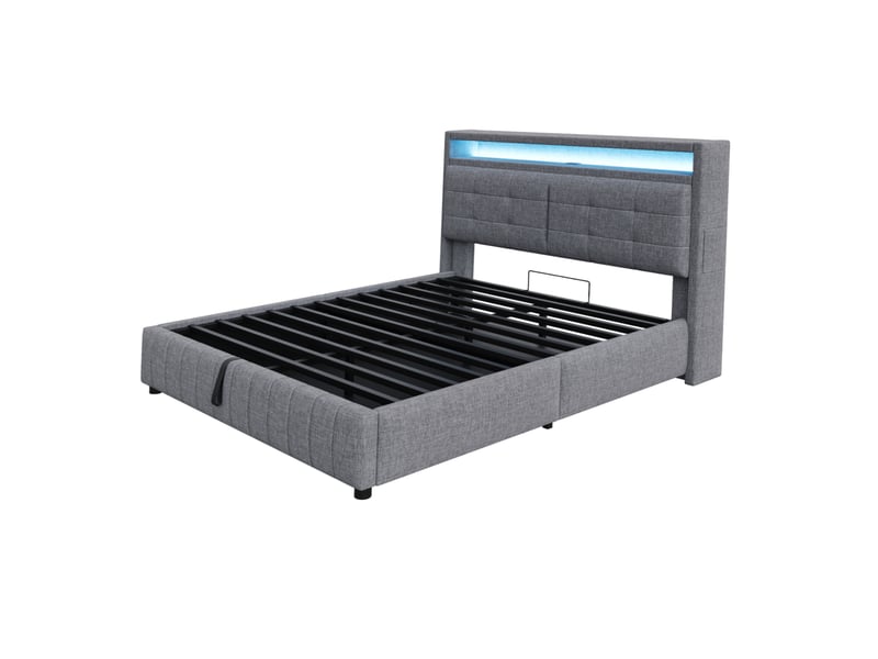  Lit capitonné 160*200 cm gris en lin avec led, usb, coffre hydraulique, tête à étagères et cadre métal stable  - Conforama A