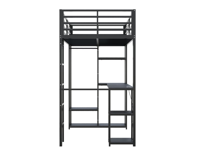 Lit mezzanine 90x200 cm noir en métal et mdf avec bureau, armoire ouverte, led et prises usb-c, sans matelas  - Conforama D