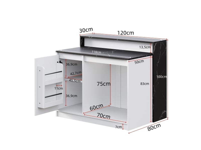 Îlot de cuisine multifonction - blanc et noir marbré - mdf et mélamine - plateau surélevé stable 120x80x100cm - Conforama A