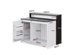 Îlot de cuisine multifonction - blanc et noir marbré - mdf et mélamine - plateau surélevé stable