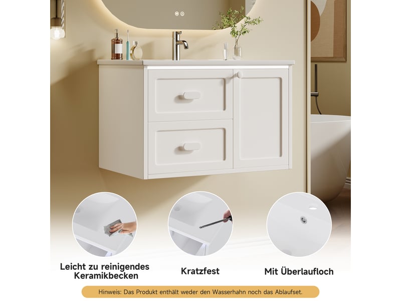 Meuble sous vasque mural 2 tiroirs avec led à capteur radar et vasque en céramique pour salle de bain 76×46×51 cm - Conforama E