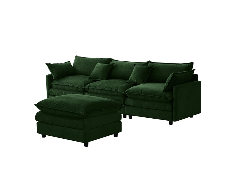  Canapé d’angle modulable 3 places avec pouf, tissu chenille vert, 267x154x85 cm  - Conforama D