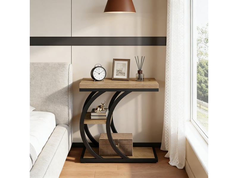 Table d'appoint en c à 3 niveaux en métal et bois marron et noir 60x30x60 cm - Conforama E