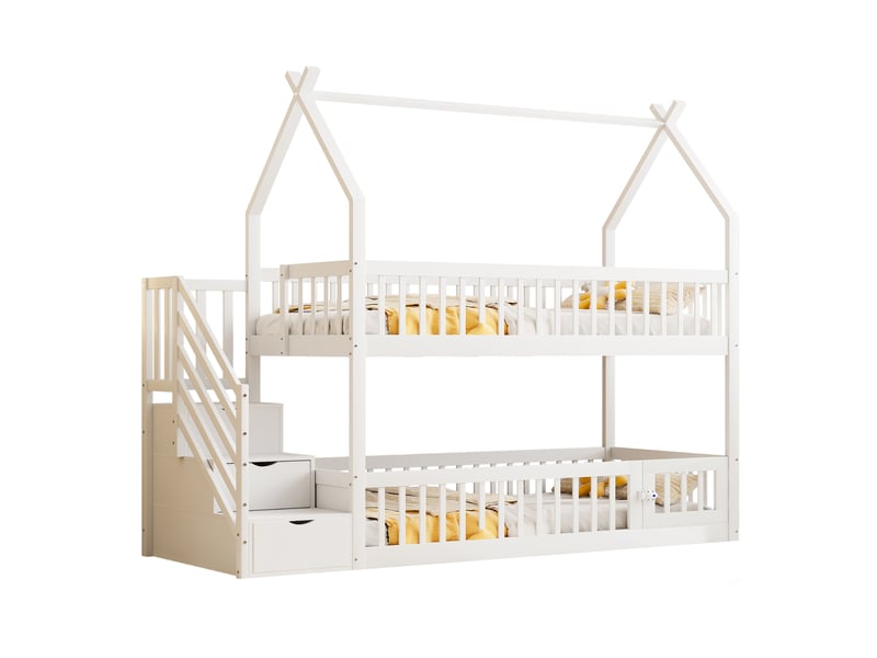 Lit superposé cabane 90 × 200 cm, pin massif, escalier sécurisé avec tiroirs intégrés, barrières, blanc  - Conforama E