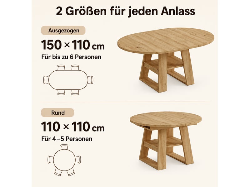 Table à manger extensible ronde 110150x110x75 cm avec rangement, chêne clair  - Conforama E