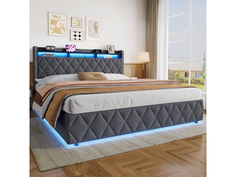Lit coffre avec éclairage led, recharge et rangement, tête de lit avec étagère 180 × 200 cm - Conforama D