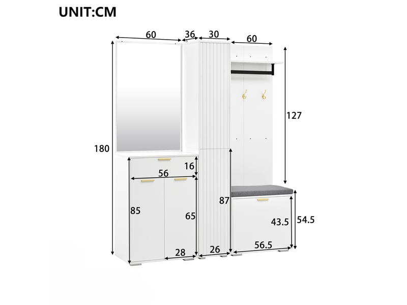  Vestiaire d'entrée 150x36x180 cm blanc en mdf et panneaux de particules, miroir, banc et rangement chaussures  - Conforama C