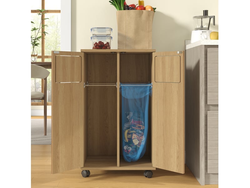  Meuble de tri des déchets à roulettes 46,7x35x80,3 cm avec 2 portes en mdf couleur naturel, confort optimal  - Conforama D