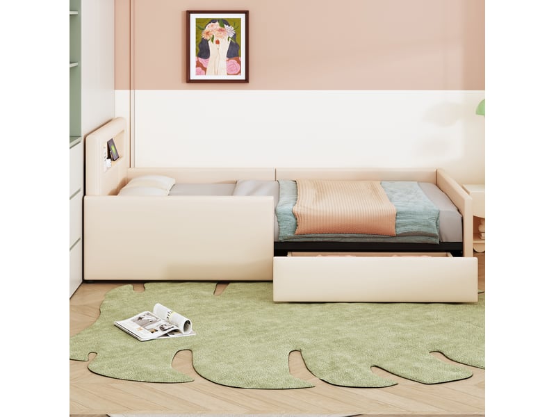  Modenvie lit enfant rembourré 90x200 cm - veilleuse led, port usb et tiroir - pour chambre d'enfant - beige  - Conforama D