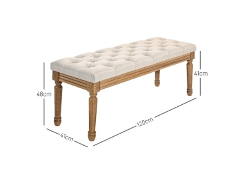  Bout de lit rembourré avec assise capitonnée et pieds en bois sculptés, en polyester crème, 120 × 41 × 48 cm  - Conforama D