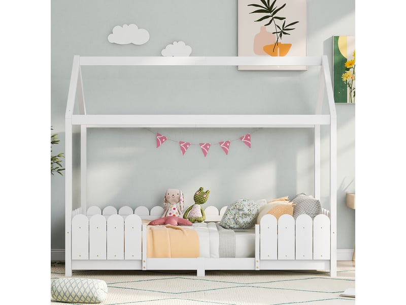  Lit cabane enfant 200×90 cm avec barrière de protection et sommier à lattes, sans matelas, en pin et mdf blanc  - Conforama C