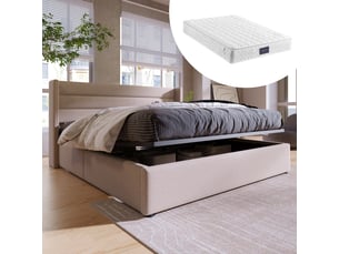 Lit coffre 140x200 cm - lit double rembourré avec sommier à lattes - lin - matelas inclus - beige