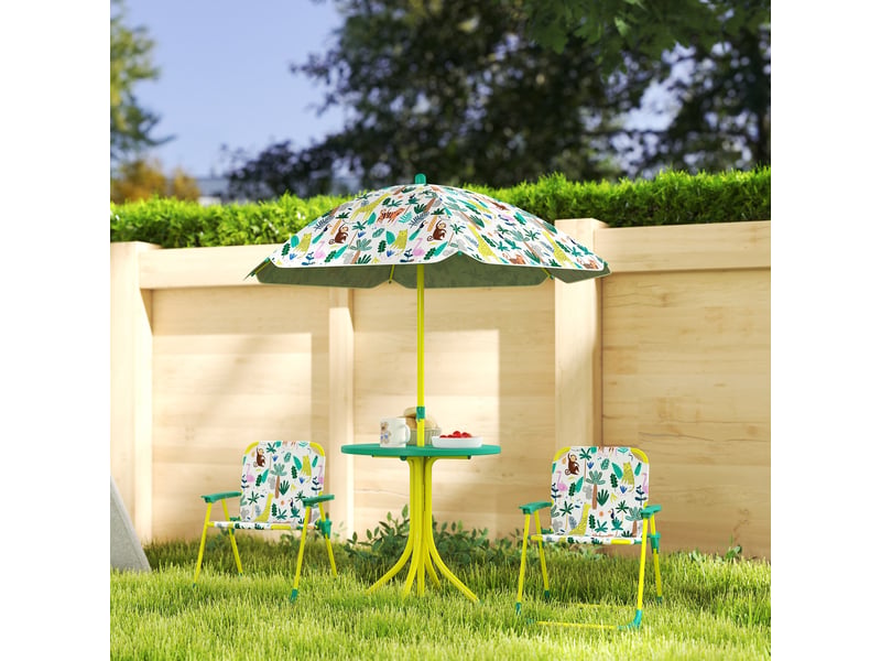  Ensemble table et chaises de jardin pour enfants 4 pièces, chaises pliantes, parasol amovible, motif jungle verte  - Conforama C