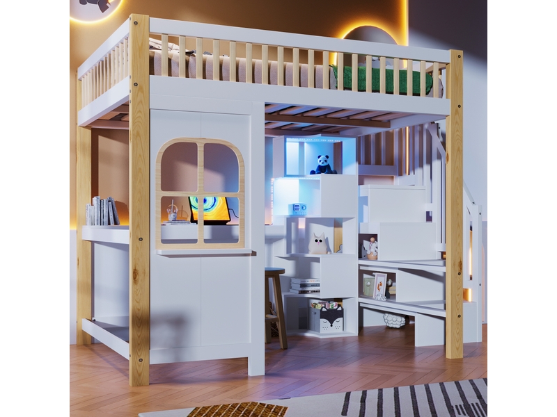  Lit mezzanine, 140 × 200 cm, blanc et naturel, pin, bureau intégré, éclairage led, rangements intégrés, garde-corps, sans matelas  - Conforama B