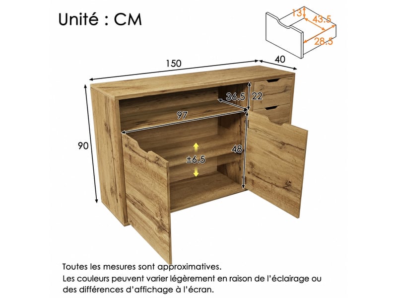  Buffet effet chêne 150 cm avec niche ouverte, 2 portes et 4 tiroirs  - Conforama C