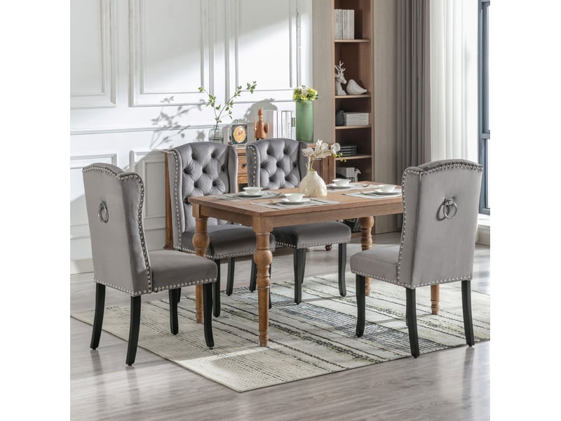  Lot de 2 chaises salle à manger 61x49x100 cm en velours et métal gris, boutons, anneau chromé et clous de décoration  - Conforama E