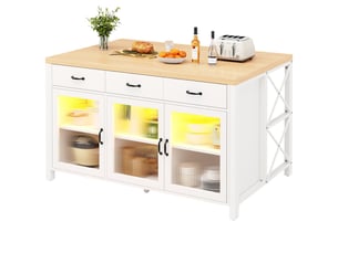 Îlot de cuisine avec 3 tiroirs et portes vitrées, éclairage, pieds réglables, 150x80x90 cm, blanc et naturel