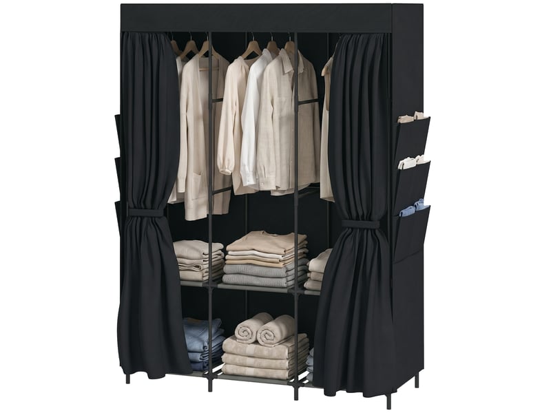  Armoire gain de place en tissu avec 3 tringles, 3 étagères, 6 poches latérales, portes anti-poussière zippées, noire  - Conforama B