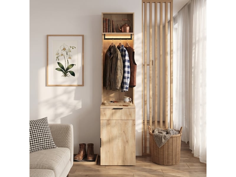  Meuble d’entrée dressing 45 x 47 x 200 cm, led, tiroir à bijoux, tringle et 2 compartiments, bois naturel ABC - Conforama E