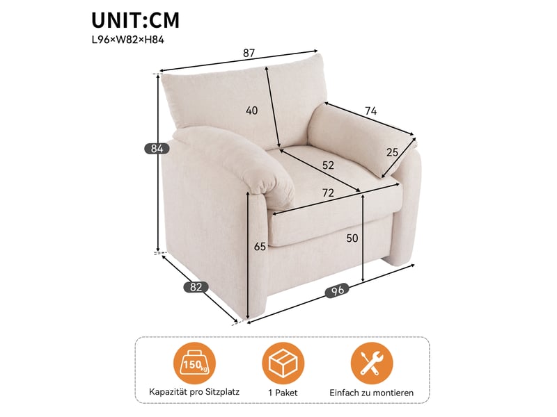  Fauteuil modenvie design moderne en chenille beige 1 place avec mousse haute élasticité et ressorts ensachés 96 x 82 x 84 cm  - Conforama C