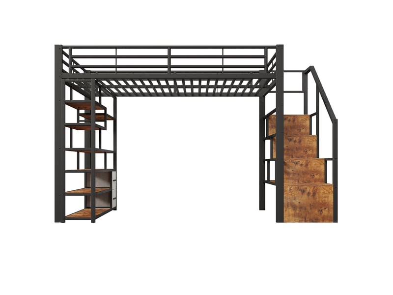  Lit mezzanine 140x200 cm, lit enfant, tiroirs, échelle sécurisée, barrière antichute, led, bois et métal noir  - Conforama B