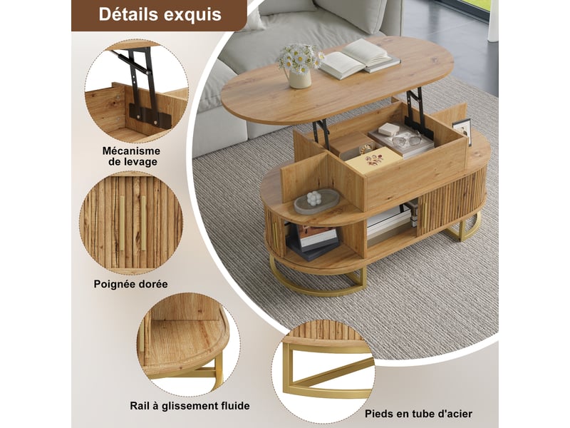  Table basse ovale 100×50×64 cm en mdf et acier, avec plateau relevable, portes coulissantes, poignées en alliage de zinc  - Conforama E