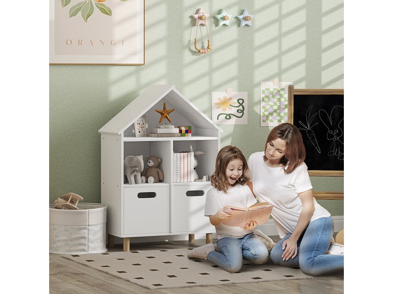  Bibliothèque enfants meuble de rangement enfants 3 niveaux avec deux tiroirs forme de maison blanc 63,7 x 29,7 x 89 cm  - Conforama A
