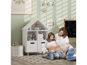 Bibliothèque enfants meuble de rangement enfants 3 niveaux avec deux tiroirs forme de maison blanc 63,7 x 29,7 x 89 cm