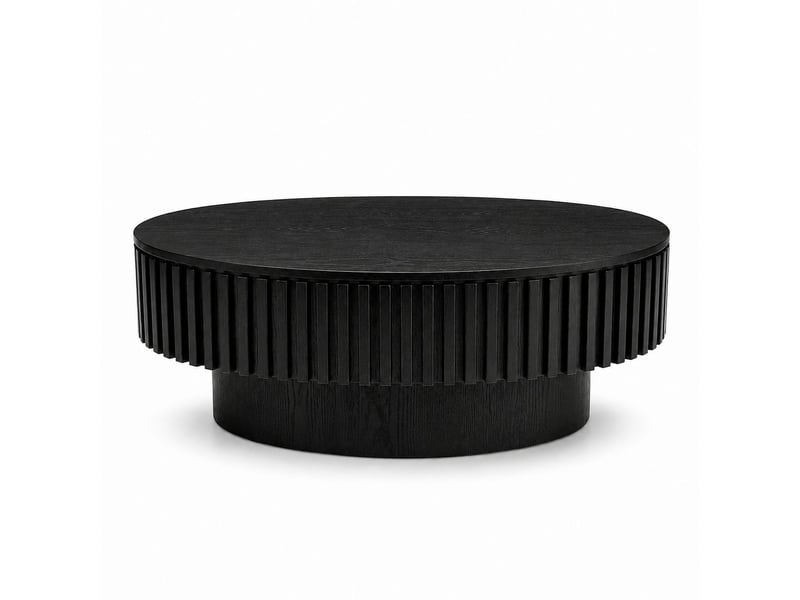  Table basse avec rangement table de salon ovale à rainures verticales rangement caché placage bois massif finition noir mat montage en 5 minutes style moderne  - Conforama A