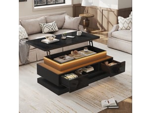 Table basse relevable 100x50x40 cm avec led via appli, 2 tiroirs, rangement caché, niche semi-ouverte, finition noir brillant, usb, pour salon