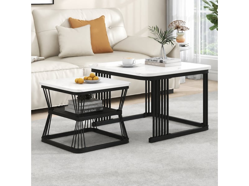 Lot de 2 tables basses modernes en mdf effet marbre, piètement acier, 65 et 45 cm, blanc  - Conforama D