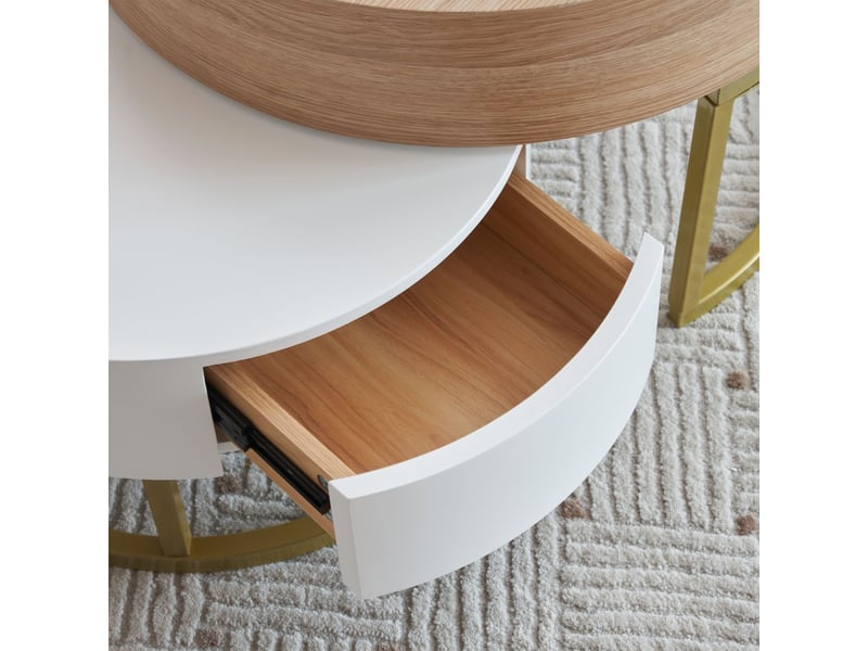  Table basse 70x70x40-56,5 cm, design doré blanc bois table basse salon, plateau relevable, deux tiroirs, rangement intégré, ensemble gigogne  - Conforama D
