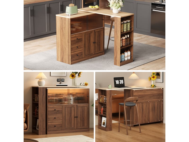 Îlot de cuisine table bar 172x40x96 cm - table pivotante à 360° - porte coulissante vitrée - tiroir et étagères latérales - mdf - bois naturel CozyNest - Conforama B