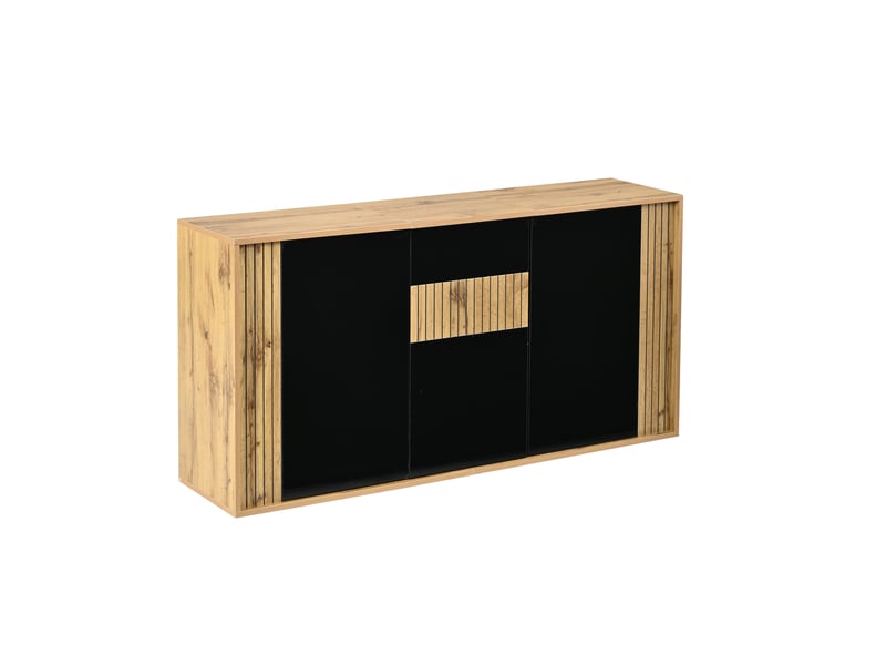 Buffet bas 140x35x71 cm, 3 portes push-to-open, effet brillant noir et bois, mdf, design moderne, rangement pour salon - Conforama A