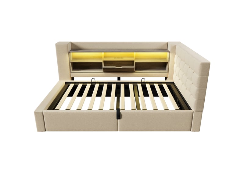 Lit 90x190 cm coffre hydraulique avec led, usb et tête en l, lin et métal, beige, sans matelas - Conforama D