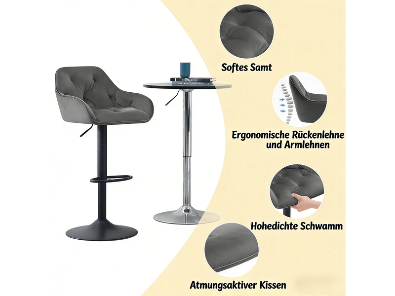  Lot de 2 tabourets de bar pivotants 360° réglables en hauteur  - dossier, accoudoirs, velours gris foncé  - Conforama E