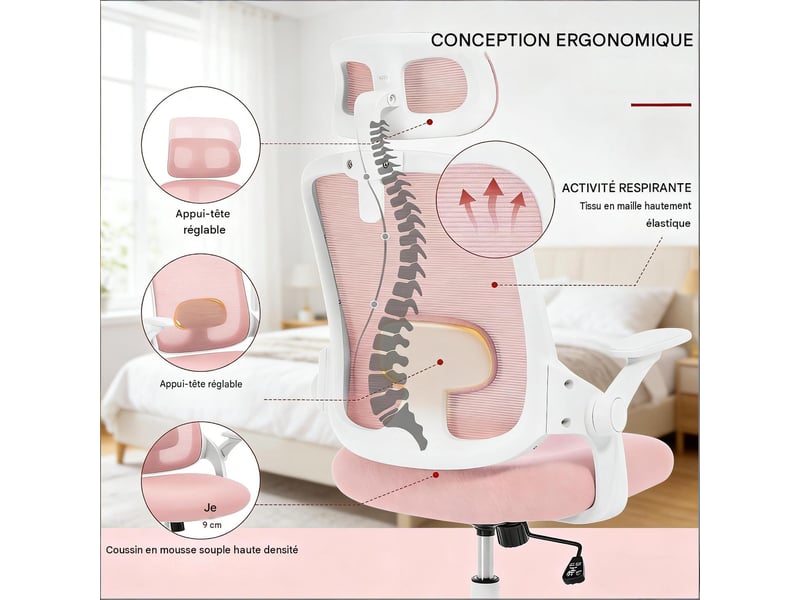  Fauteuil de bureau avec dossier haut réglable en maille rose T5828P493529 - Conforama D