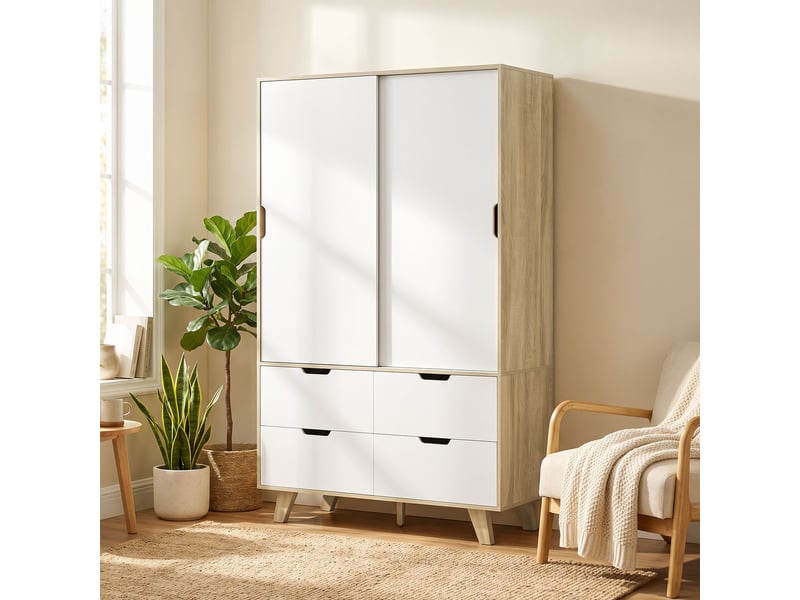  Armoire chambre penderie, 2 portes coulissantes, 4 tiroirs, étagères réglables, barre de suspension, chêne et blanc  - Conforama B